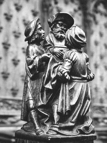 Koorbanken, detail: knop met drie mannen uit het Oude Testament