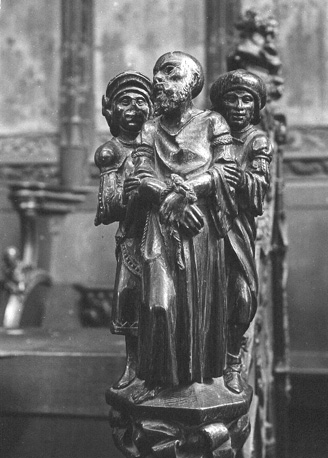 Koorbanken, detail: knop met Samson die door twee soldaten gevangen wordt genomen