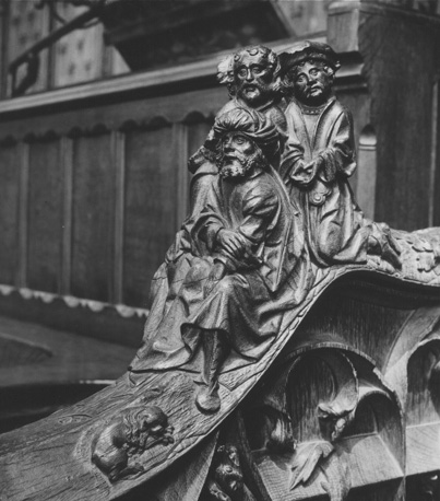 Koorbanken, detail: knop met jacob die de twaalf stammen van Israel zegent (detail)