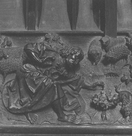 Koorbanken, detail: Cain in landschap