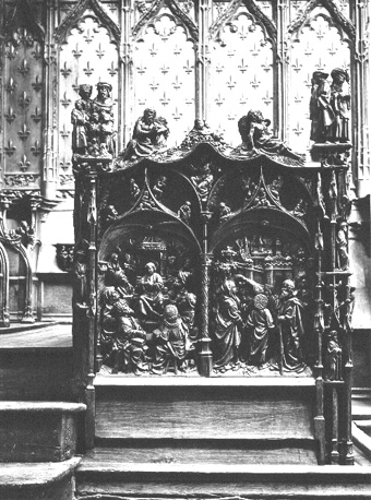 Koorbanken, detail: Christus wordt door ouders in de Tempel gevonden en ze gaan terug naar Nazareth