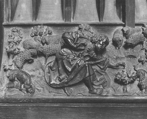 Koorbanken, detail: Kaïn in landschap