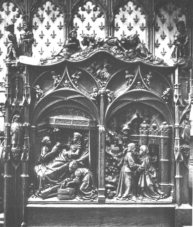 Koorbanken, detail: Geboorte van Maria en ontmoeting van Joachim en Anna bij de Gouden Poort