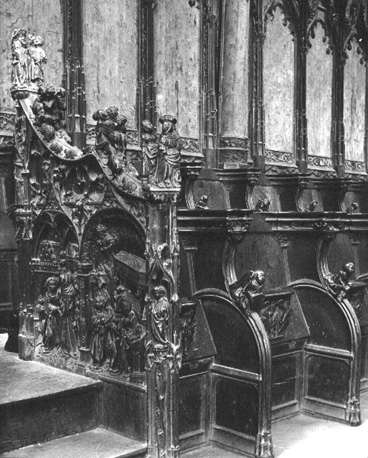 Koorbanken, detail: de vlucht van Jacob, Visitatie, Annunciatie