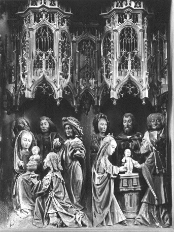 Altaarretabel, detail: aanbidding van de wijzen en presentatie in de tempel