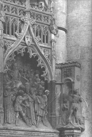 Kooromgang zuidzijde; Detail beeldhouwwerk van het leven van Sint Firminus; arrestatie en onthoofding van Sint Firminus