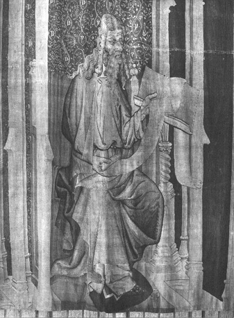Tapijt van de apocalyps, detail: Johannes de Evangelist aan het schrijven