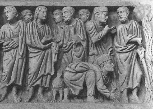 Orante sarcofaag; rechts: aankondiging van het verraad van Petrus en Petrus als Mozes die water uit een rots slaat