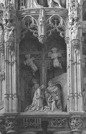 Chapelle de Madame: Altaar van de zeven vreugden van Maria; detail: Geboorte van Christus met - op de voorgrond - twee engeltjes en waarschijnlijk de stichter van de kerk