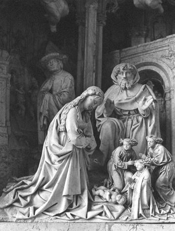 Chapelle de Madame: Altaar van de zeven vreugden van Maria; detail: Geboorte van Christus met - op de voorgrond - twee engeltjes en waarschijnlijk de stichter van de kerk