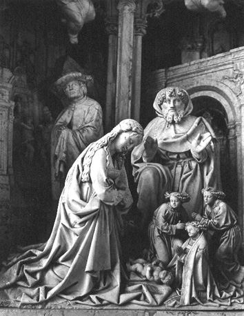 Chapelle de Madame: Altaar van de zeven vreugden van Maria; detail: Geboorte van Christus met - op de voorgrond - twee engeltjes en waarschijnlijk de stichter van de kerk