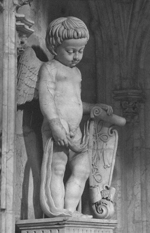 Detail van de tombe van Margaretha van Bourbon; Kind met wapen met een P M