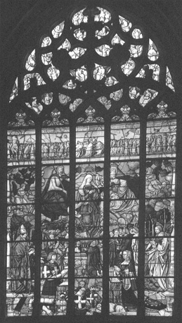 Chapelle de Madam, gebrandschilderd raam: Maria-Hemelvaart en haar bekroning, Philibert II en Margaretha met hun patroonheiligen; op het fries de triomf van het geloof.