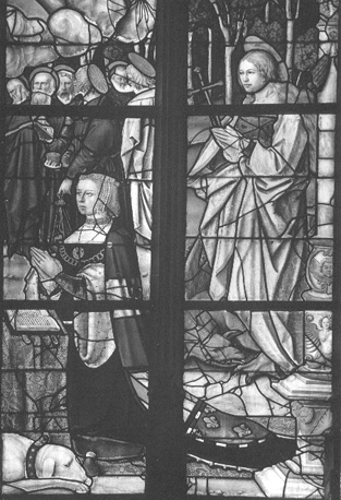 Chapelle de Madam, gebrandschilderd raam: Maria-Hemelvaart en haar bekroning; detail: Margaretha van Oostenrijk