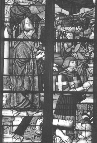 Chapelle de Madam, gebrandschilderd raam: Maria-Hemelvaart en haar bekroning; detail: Philibert II en zijn patroonheilige