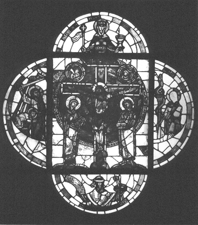 Gebrandschilderd raam; Kruisiging omgeven door Kerk en Synagoge, het offer van Abraham en de slang
