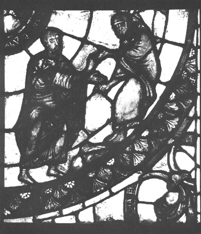 Gebrandschilderd raam; De ontdekking van de relieken van Sint Etienne; detail