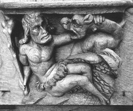 Detail koorbanken; Misericorde van een man met een knots en een draak