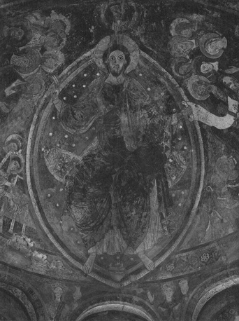 Detail apsis; Christus in mandorla omgeven door de twaalf apostelen