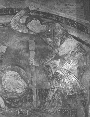Detail apsis; Meest linkse blinde arcade met de onthoofding van St. Blasius