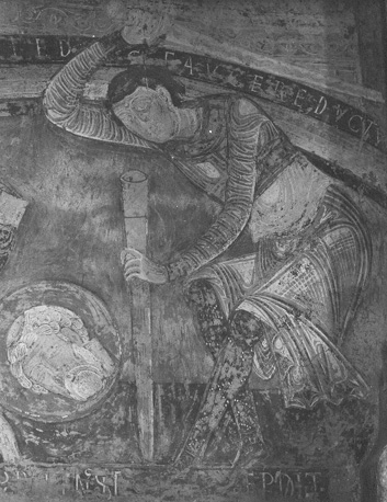 Detail apsis; Meest linkse blinde arcade met de onthoofding van St. Blasius