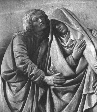 Detail graflegging van Christus; Maria en Johannes de doper