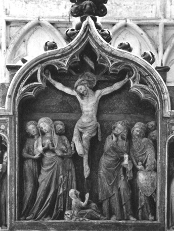 Detail altaarretabel met scenes uit het leven van Sint Thibault; Centrale scène met Christus aan het kruis