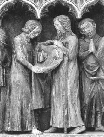Detail altaarretabel met scenes uit leven van Sint Thibault; Linksboven :Thibault geeft zijn kleed aan pelgrim