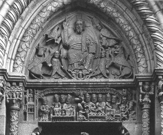Timpaan; Christus in mandorla en symbolen van de evangelisten; latei: het Concilie van Seleucia met Sint Hilarius