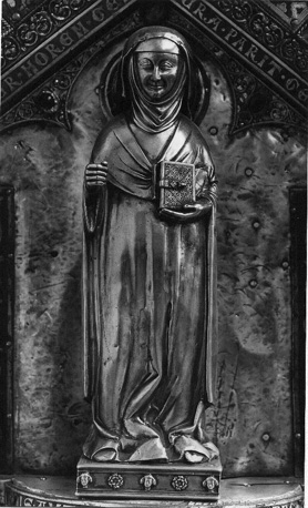 Schrijn met relieken van Sint Firminus; zijkant: afbeelding van abdis met boek in linkerhand