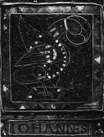 Evangelieboek (evangeliarium); detail: linker bovenhoek: afbeelding van arend, symbool van Johannes de Evangelist