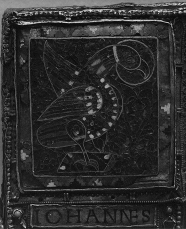 Evangelieboek (evangeliarium); detail: linker bovenhoek: afbeelding van arend, symbool van Johannes de Evangelist