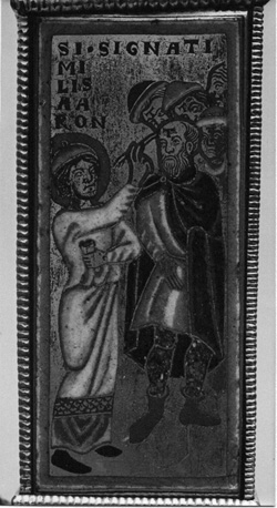 Kruisvoet van Sint Bertinus; detail: Aäron schildert Tau-teken op voorhoofd van mensen