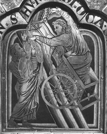 Altaar van Klosterneuburg; detail: Hemelvaart van Elia  in wagen met paarden van vuur