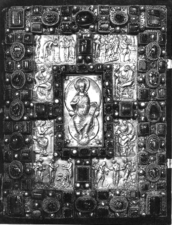 Bovenzijde van Codex Aureus; Christus in mandorla; de vier evangelisten; de overspelige vrouw; verdrijving uit tempel; Christus geneest melaatsen, en blinden