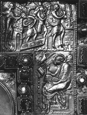 Bovenzijde van Codex Aureus; detail: verdrijving uit tempel; evangelist