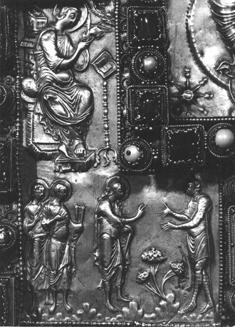 Bovenzijde van Codex Aureus; detail: Genezing van melaatse; Evangelist
