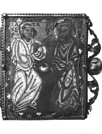 Processiekruis; detail: uiteinde van rechterarm: Elia en weduwe van Sarepta