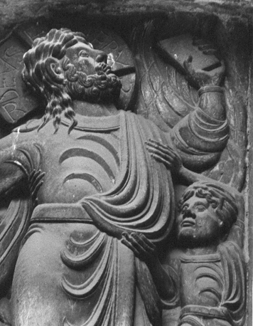 Porte Miégeville, timpaan: Hemelvaart van Christus (detail)
