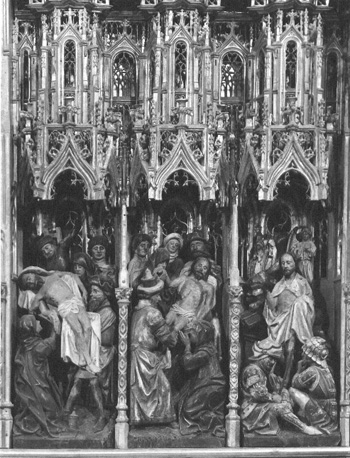 Passieretabel, detail: drie scènes: Christus' afname van het kruis (midden), Christus wordt naar graf gedragen (links), de opstanding uit graf (rechts); geheel binnen architecturale setting.