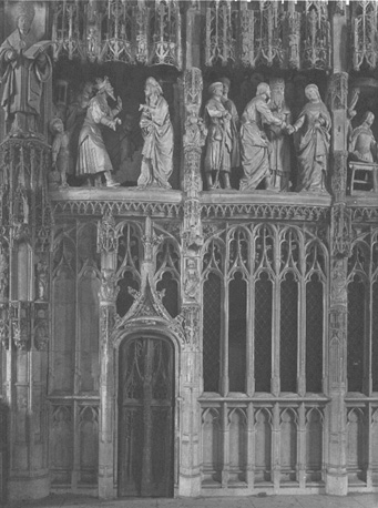 Koorafsluiting, eerste travee zuidzijde, beeldengroep: Presentatie van Maria in tempel; Verloving van Maria en Jozef