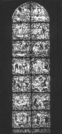 Gebrandschilderd raam in westelijke facade (interieur), baie 3: geschiedenis van Passie van Christus