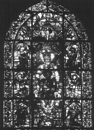 Gebrandschilderd raam in zuidelijke kooromgang, baie 14, detail: Notre-Dame de la Belle-Verrière