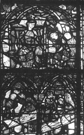 Gebrandschilderd raam in kooromgang, noord-oostelijk, baie 42, geschiedenis van Sint Chéron, detail: Chéron op school (boven) en beeldhouwers (beneden)