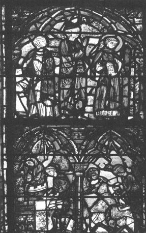 Gebrandschilderd raam in kooromgang, noord-oostelijk, baie 42, geschiedenis van Sint Chéron, detail: Chéron op school (boven) en metselaars (beneden)
