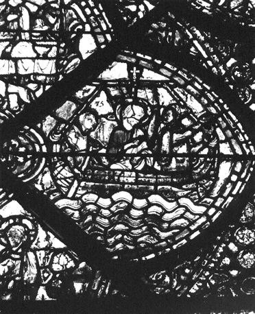 Gebrandschilderd raam in kooromgang, (noorden) baie 46, onderste deel, detail: Sint Thomas vaart naar India (?)