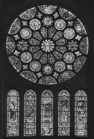 Roos- en lancetvensters in zuidtransept, baie 95: centrum roosvenster: tronende Christus (zegenend en met kelk) omringd door de vier apocalyptische dieren en engelen (eerste ring)