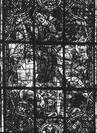 Gebrandschilderd raam in koorafsluiting (noorden), baie 127, detail (midden): Sint Martinus verdeelt zijn mantel