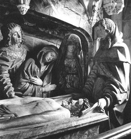 Kooromgang: Graflegging van Christus met traditionele personnages, detail