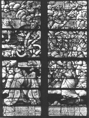 Gebrandschilderd raam: de Apocalyps, detail : de beesten uit de aarde en de zee aanbeden (links), de aanbidding van het Lam (rechts)